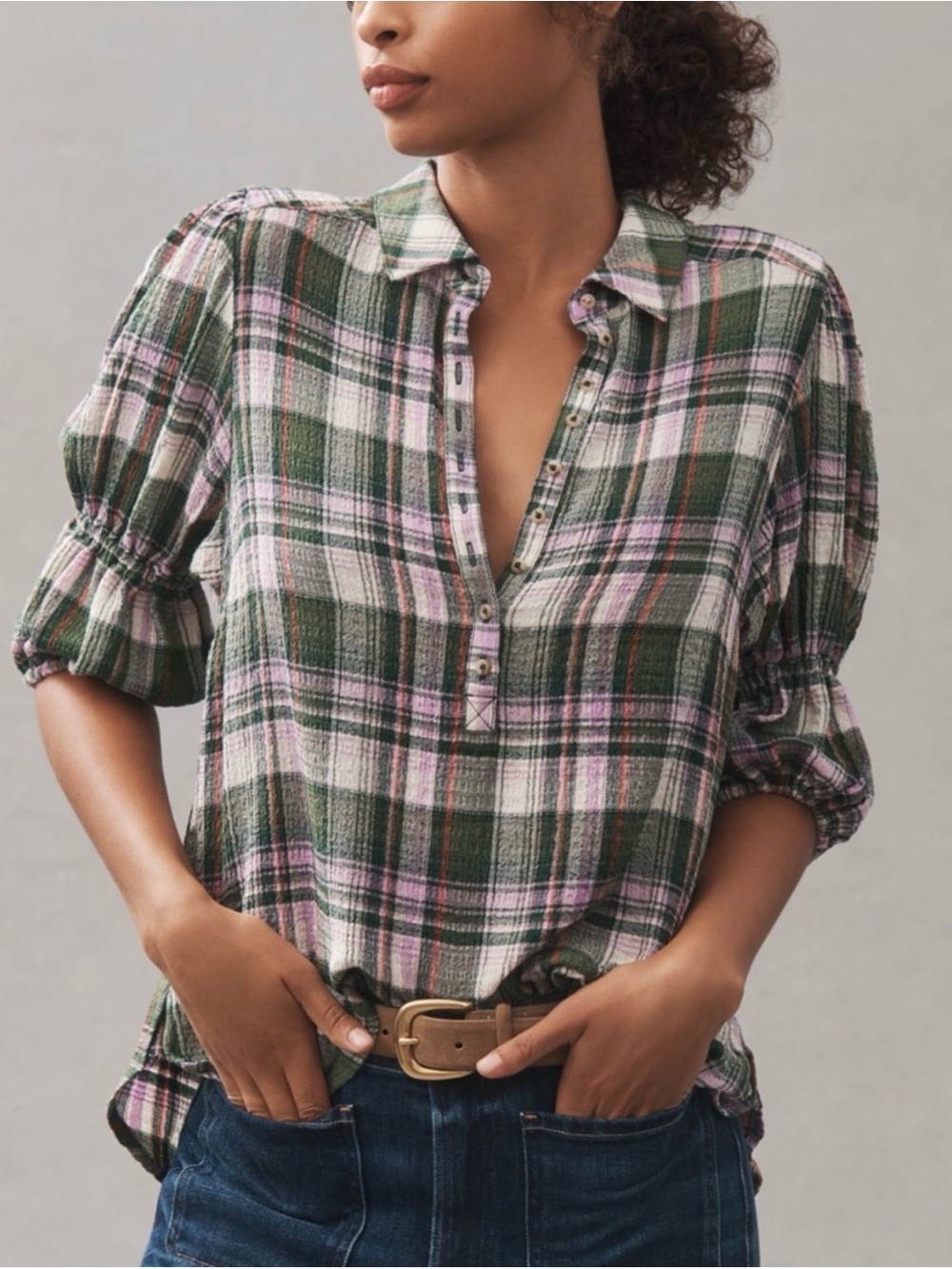Anthropologie Pilcro Tallulah Plaid Button-Front Puff Sleeve Shirt XS